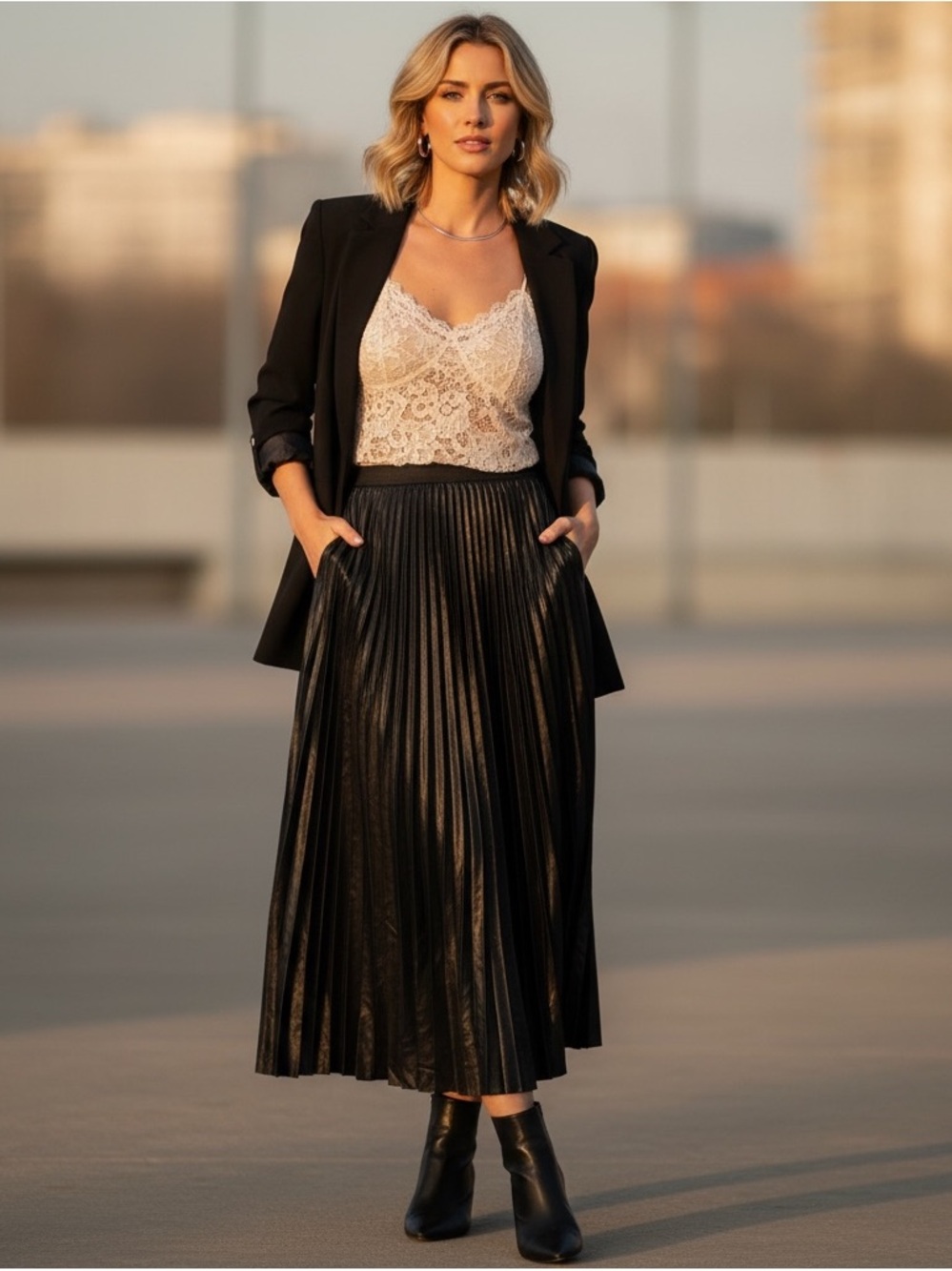Black Pleated Circle Skirt with Elastic Waistband